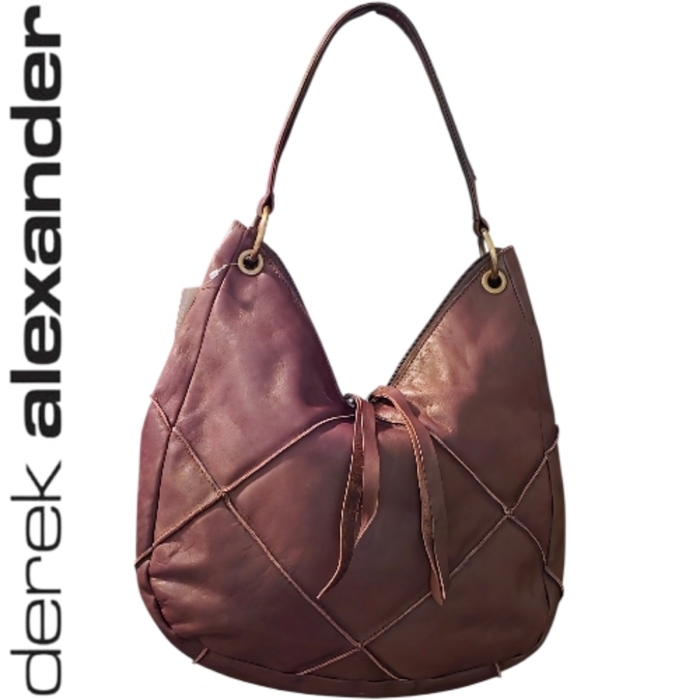 Derek Alexander Leather Patchwork Hobo Shoulder Bag Chocolate Deep V Double Zip